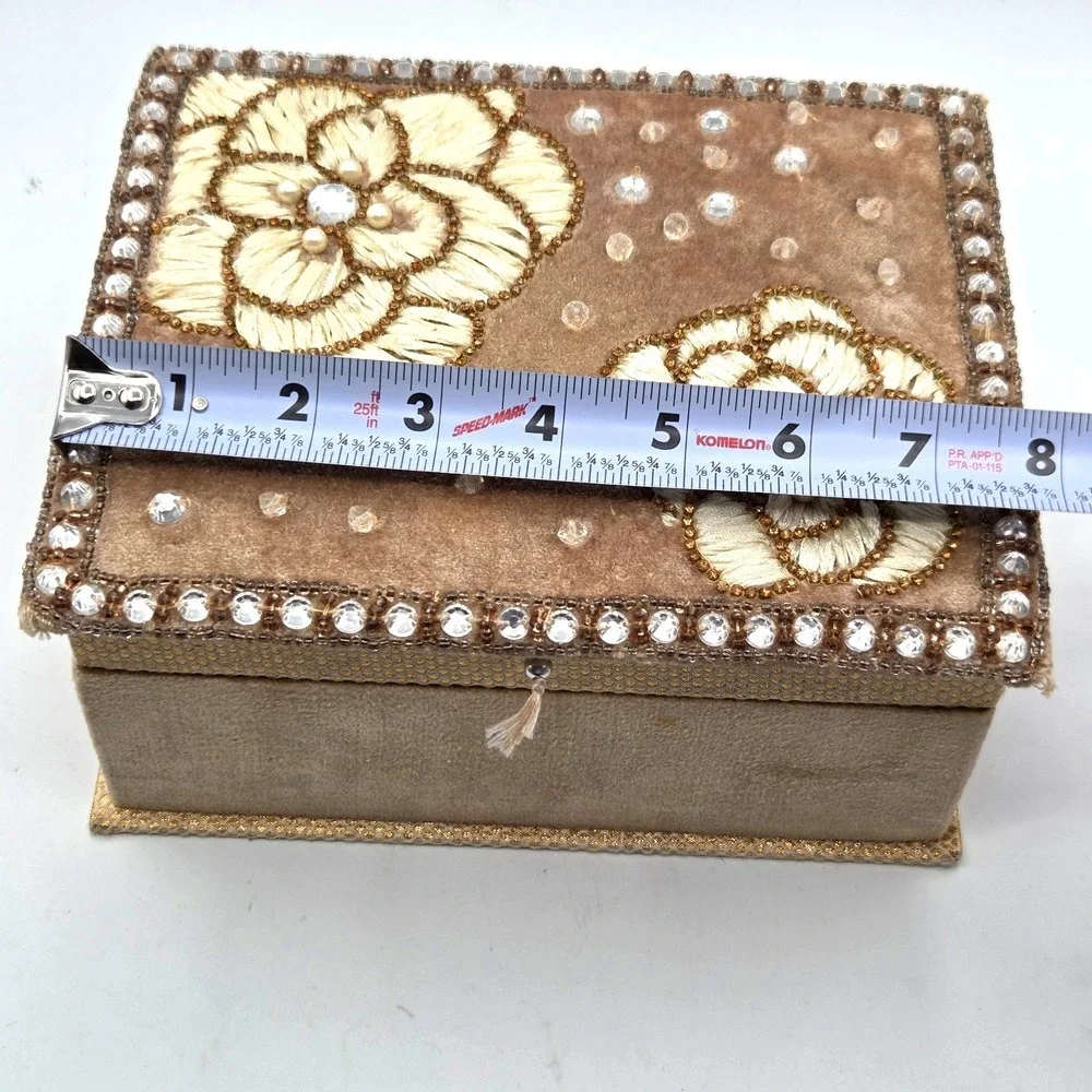 Velvet Floral‎ Embroidered Jewelry Box with Rhinestones Beads Sequins Design